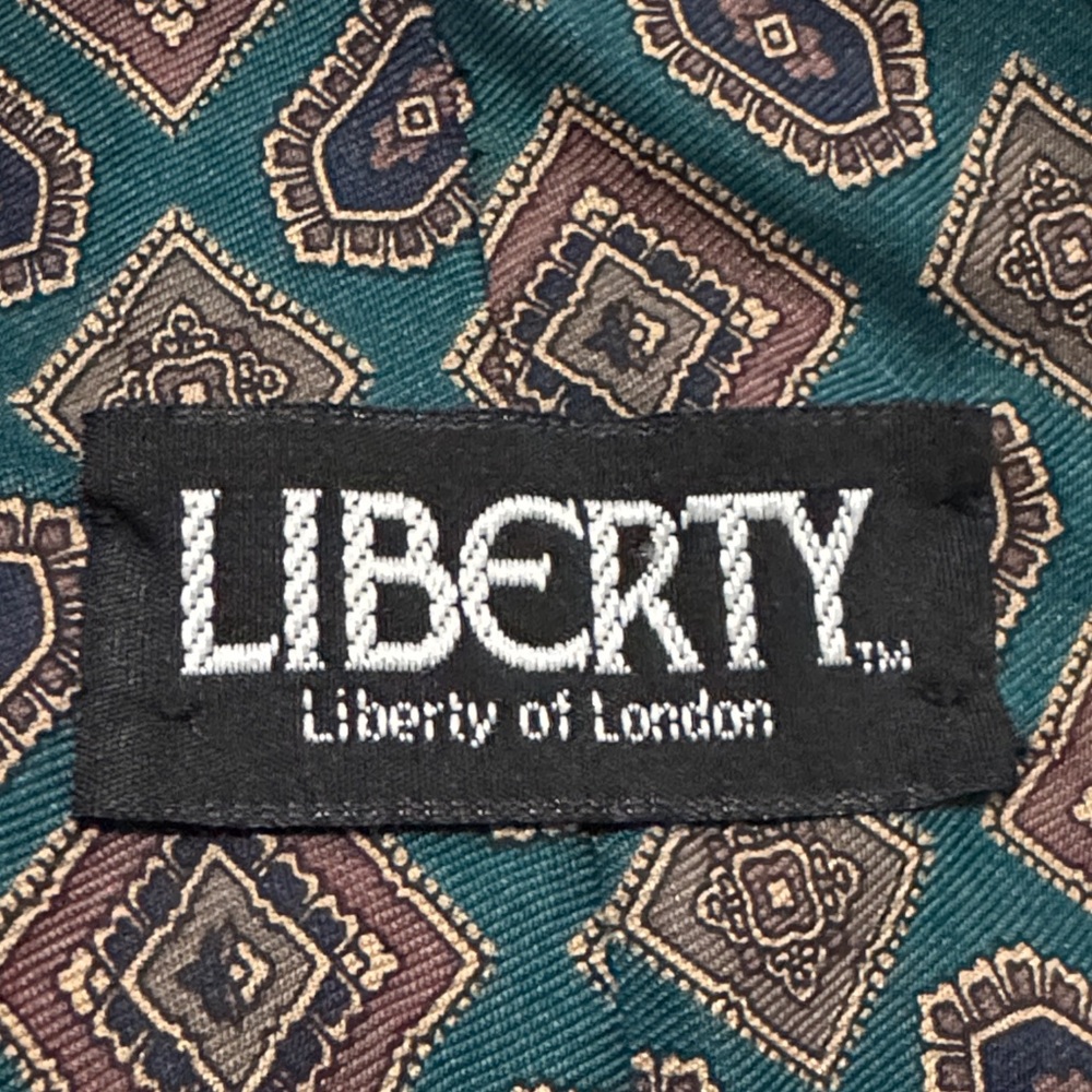 EUC Liberty of London Silk Tie-Teal/Brown Geo Print - Picture 6 of 8